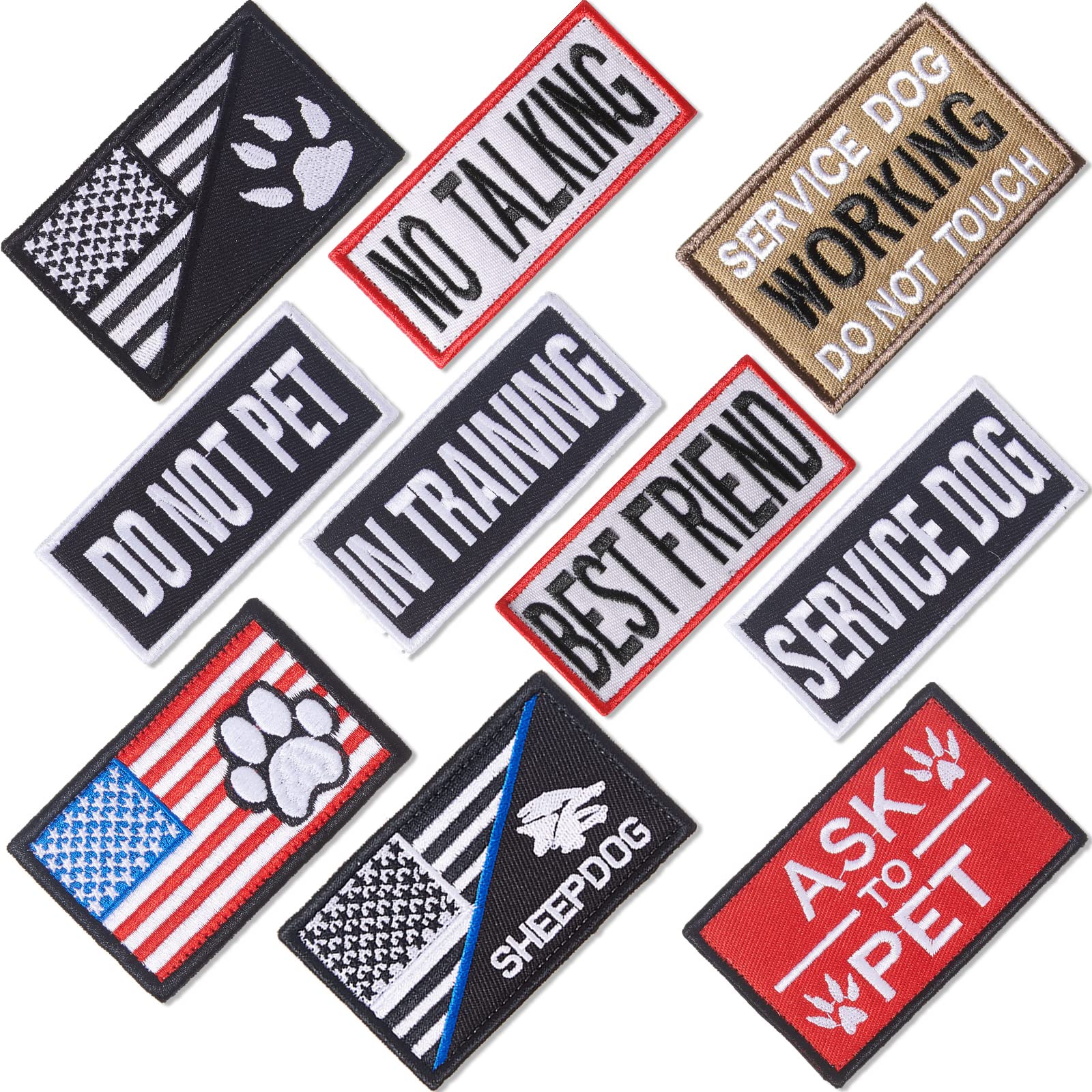 10 Piece Service Dog Patches Set – American Flag & Text Patches with Hook-and-Loop Backing for Vests and Harnesses