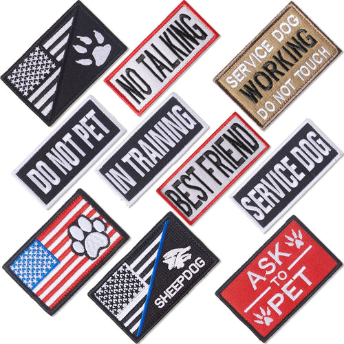 10 Piece Service Dog Patches Set – American Flag & Text Patches with Hook-and-Loop Backing for Vests and Harnesses