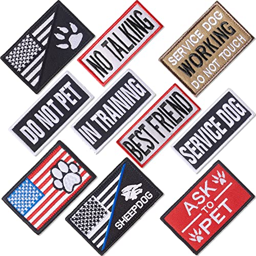 10 Piece Service Dog Patches Set – American Flag & Text Patches with Hook-and-Loop Backing for Vests and Harnesses