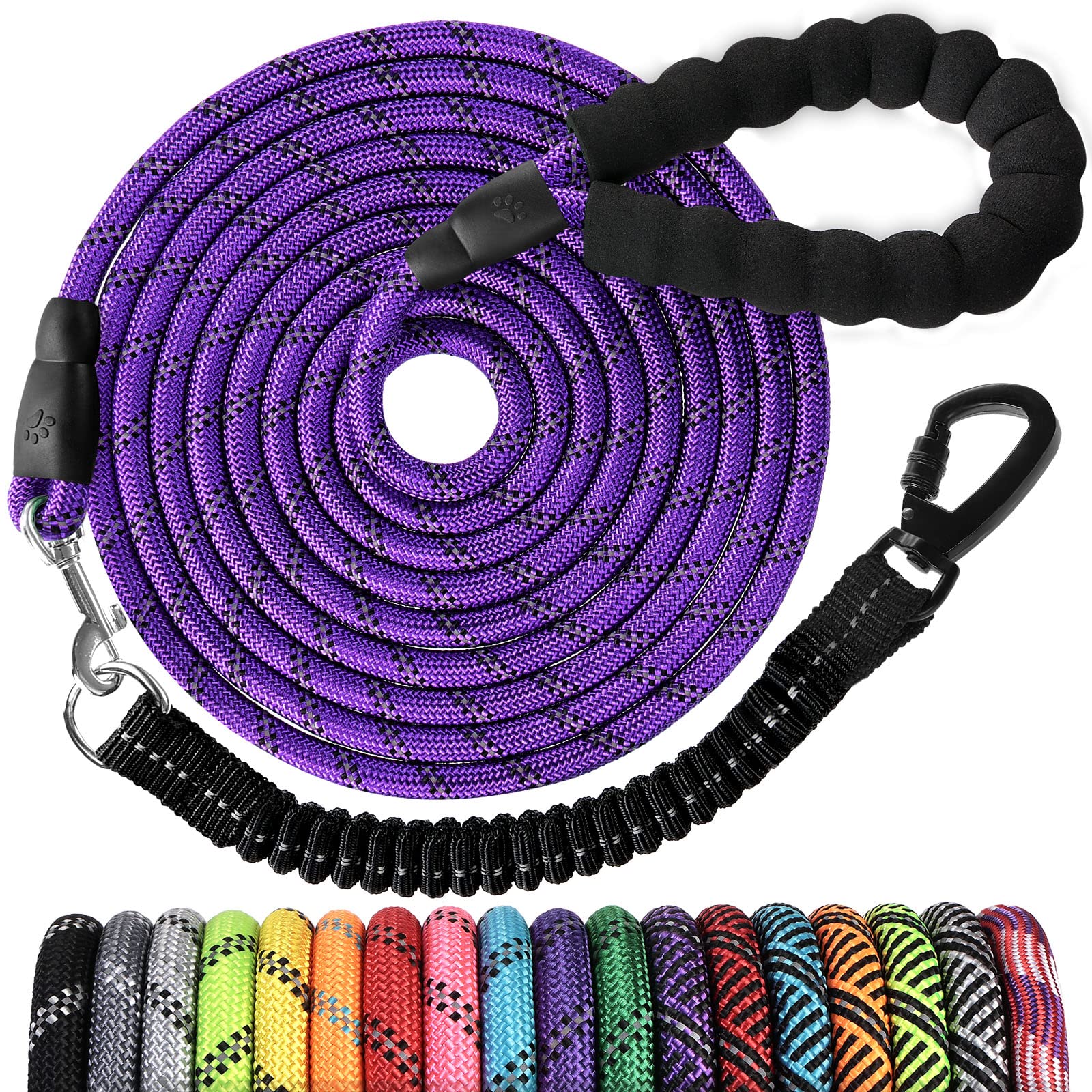 15 FT Long Dog Leash by jenico - Heavy Duty with Bungee, Swivel Hook, Reflective Stitching, Padded Handle for Training and Walks