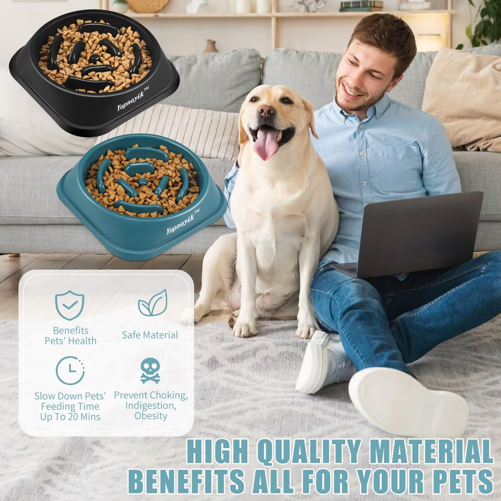 2-Pack Slow Feeder Dog Bowls for Large Breeds – Non-Slip Maze Design Reduces Bloating & Overeating – Easy Clean Plastic – Black & Navy Blue