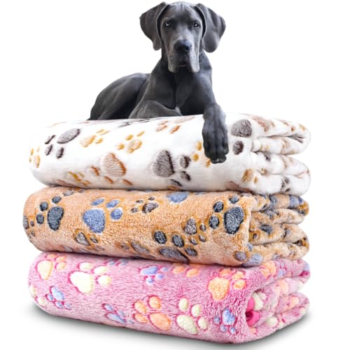 3 Pack Dog Blankets 41x31 Inches - Soft Fleece Pet Blanket for Dogs, Cats - Washable Paw Print Design