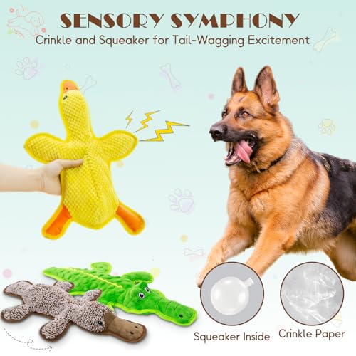 3-Pack Unstuffed Squeaky Dog Toys – Crocodile, Duck & Platypus for Small to Large Breeds