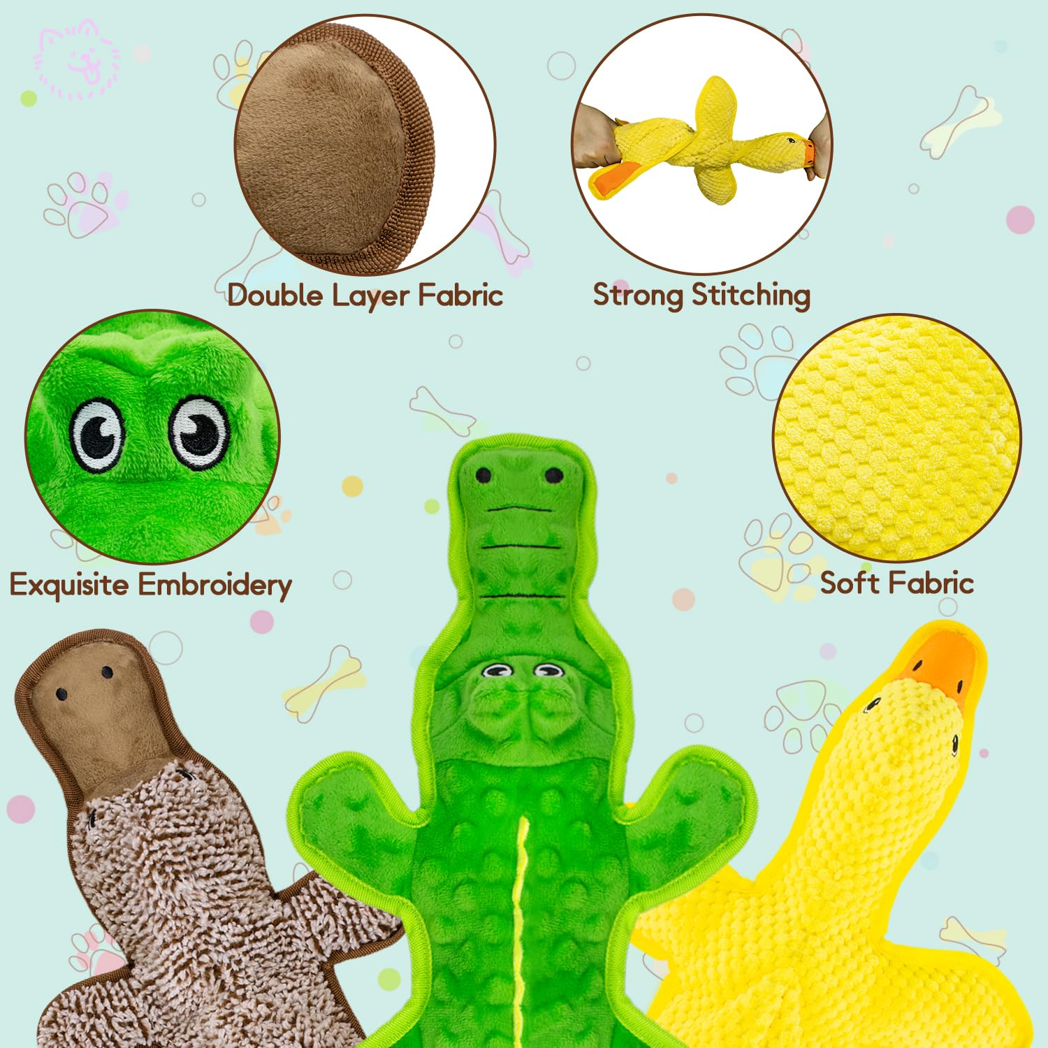3-Pack Unstuffed Squeaky Dog Toys – Crocodile, Duck & Platypus for Small to Large Breeds