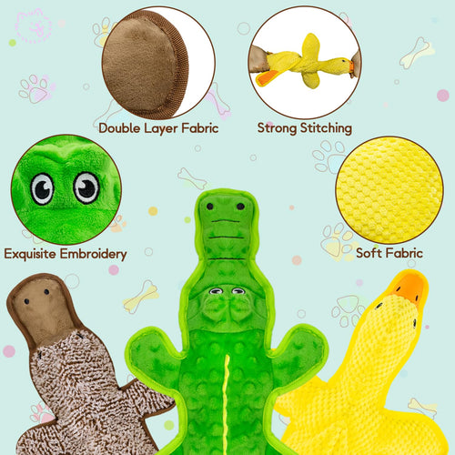 3-Pack Unstuffed Squeaky Dog Toys – Crocodile, Duck & Platypus for Small to Large Breeds