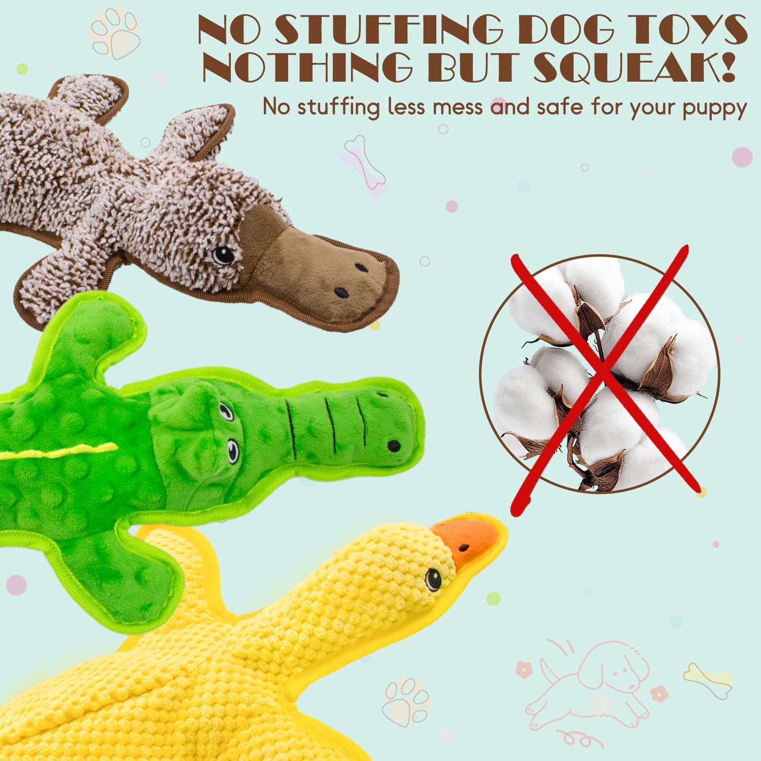 3-Pack Unstuffed Squeaky Dog Toys – Crocodile, Duck & Platypus for Small to Large Breeds