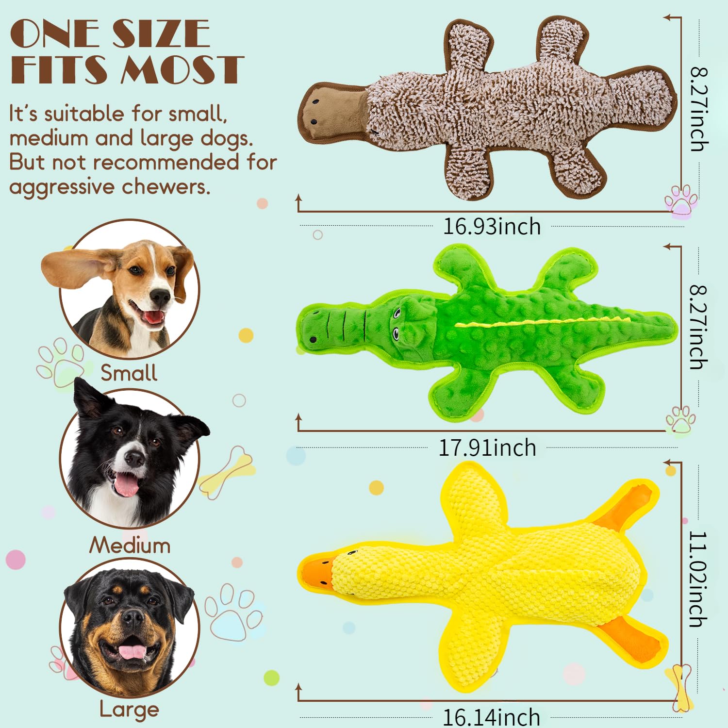 3-Pack Unstuffed Squeaky Dog Toys – Crocodile, Duck & Platypus for Small to Large Breeds