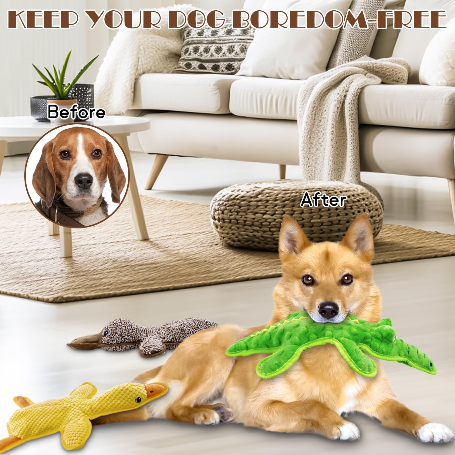3-Pack Unstuffed Squeaky Dog Toys – Crocodile, Duck & Platypus for Small to Large Breeds