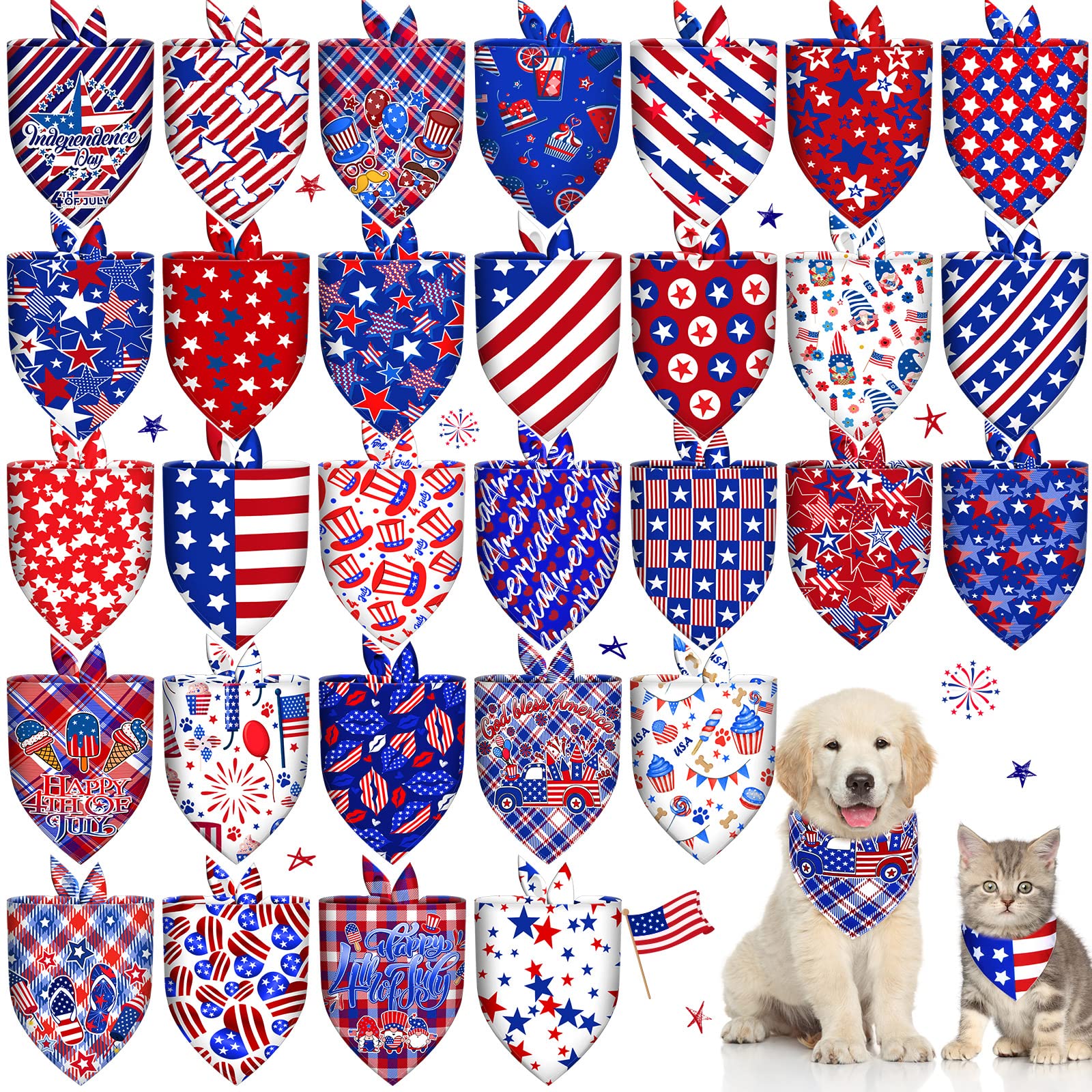 30 Patriotic Dog Bandanas Bulk – Adjustable Washable American Flag Scarf for Small to Large Dogs