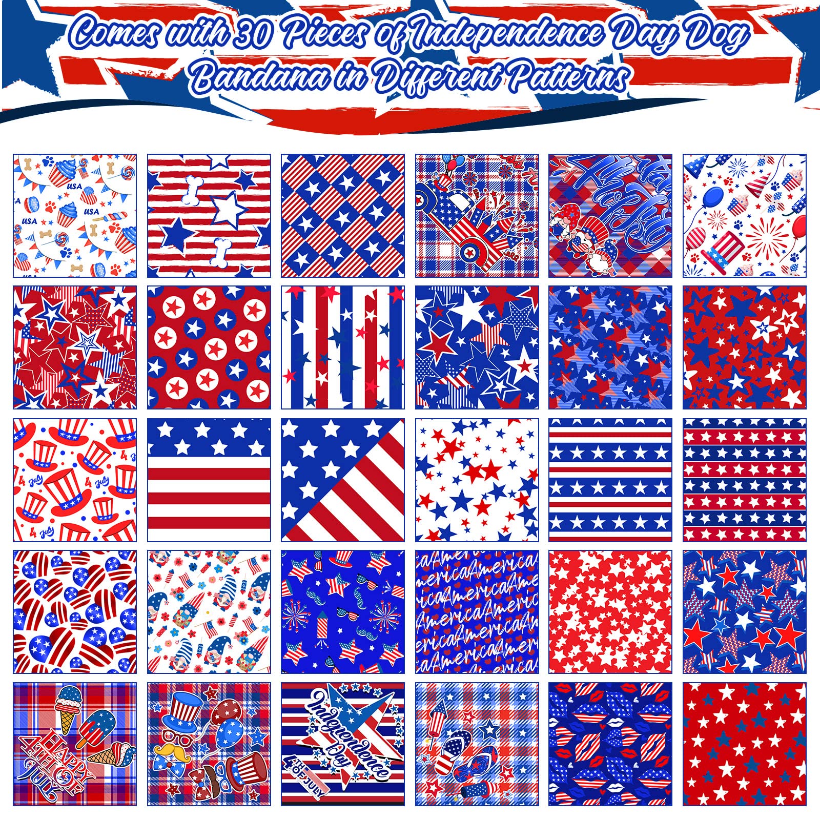 30 Patriotic Dog Bandanas Bulk – Adjustable Washable American Flag Scarf for Small to Large Dogs
