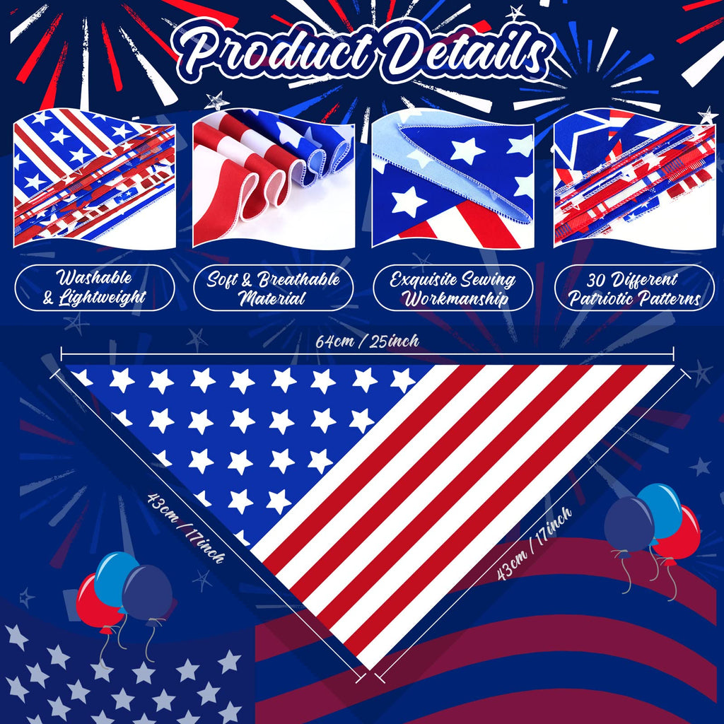 30 Patriotic Dog Bandanas Bulk – Adjustable Washable American Flag Scarf for Small to Large Dogs