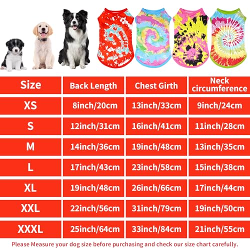 4-Pack Tie Dye Dog Shirts for XXXL Large Dogs - Sleeveless Tank Tops in Pink, Green, Blue, Red