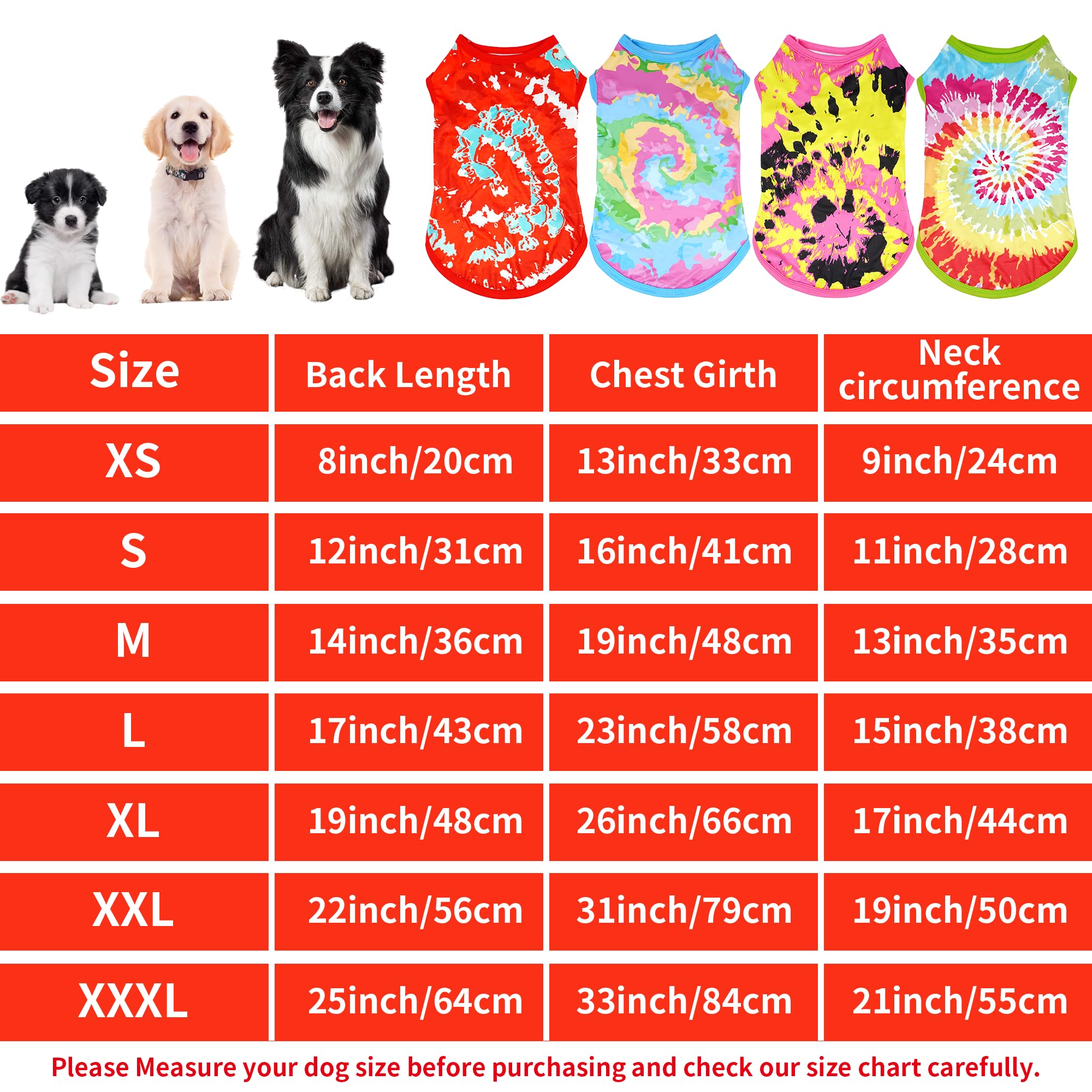 4-Pack Tie Dye Dog Shirts for XXXL Large Dogs - Sleeveless Tank Tops in Pink, Green, Blue, Red
