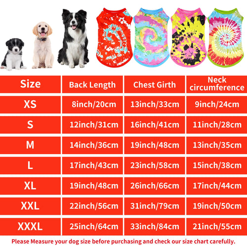 4-Pack Tie Dye Dog Shirts for XXXL Large Dogs - Sleeveless Tank Tops in Pink, Green, Blue, Red