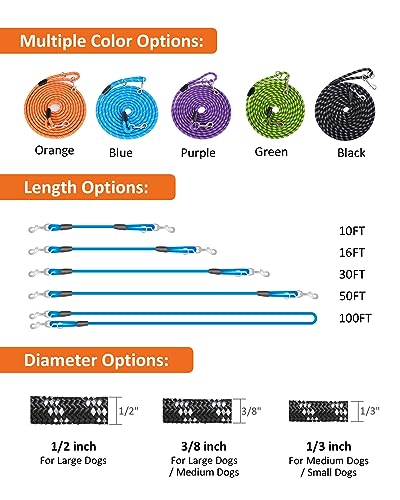 50-Foot Long Dog Leash for Training - Reflective Rope Check Cord with Swivel Hooks, Heavy Duty Nylon for Large & Medium Dogs