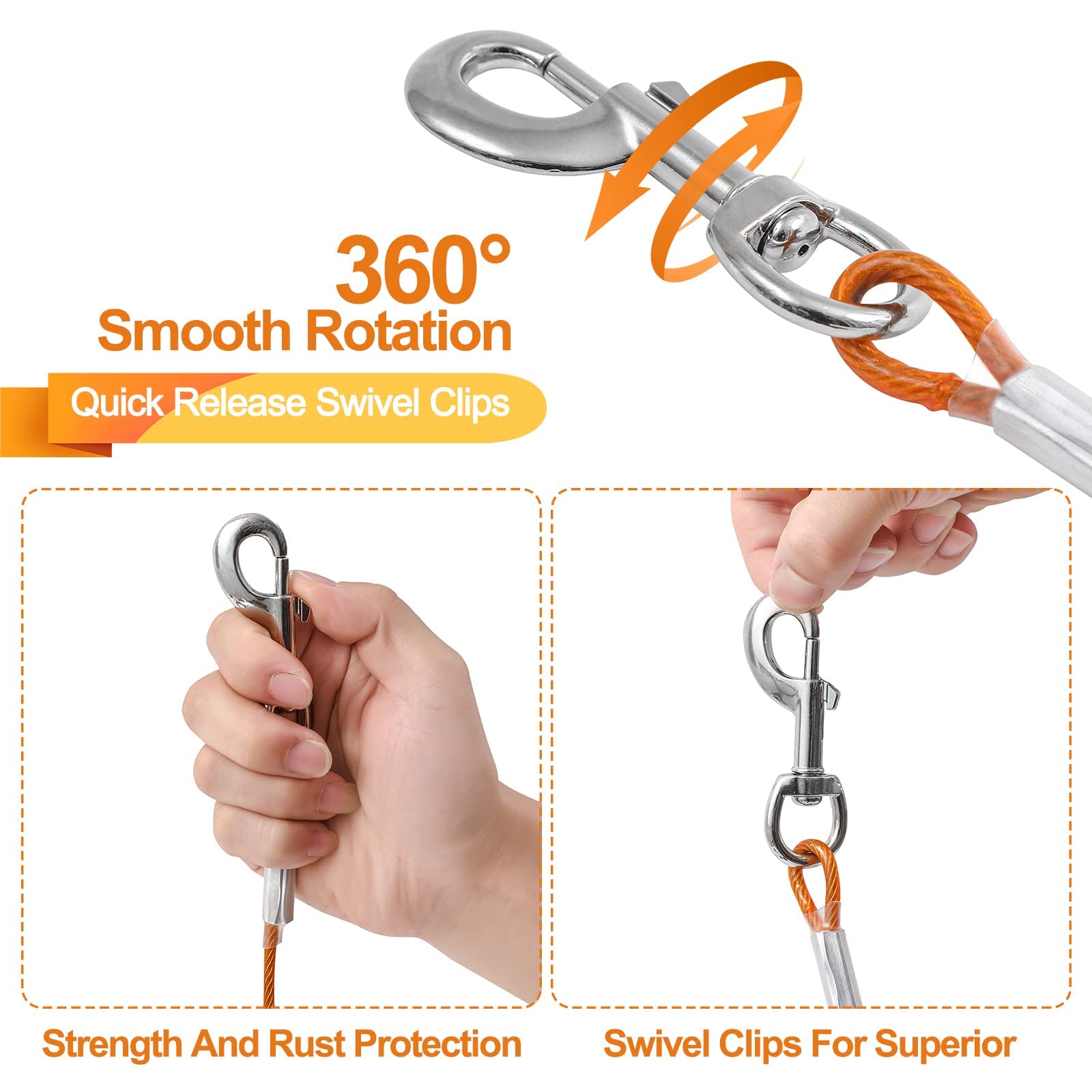 50ft Heavy Duty Tie Out Cable for Dogs Up to 125 lbs – Mi Metty Orange Chew Resistant Dog Tether
