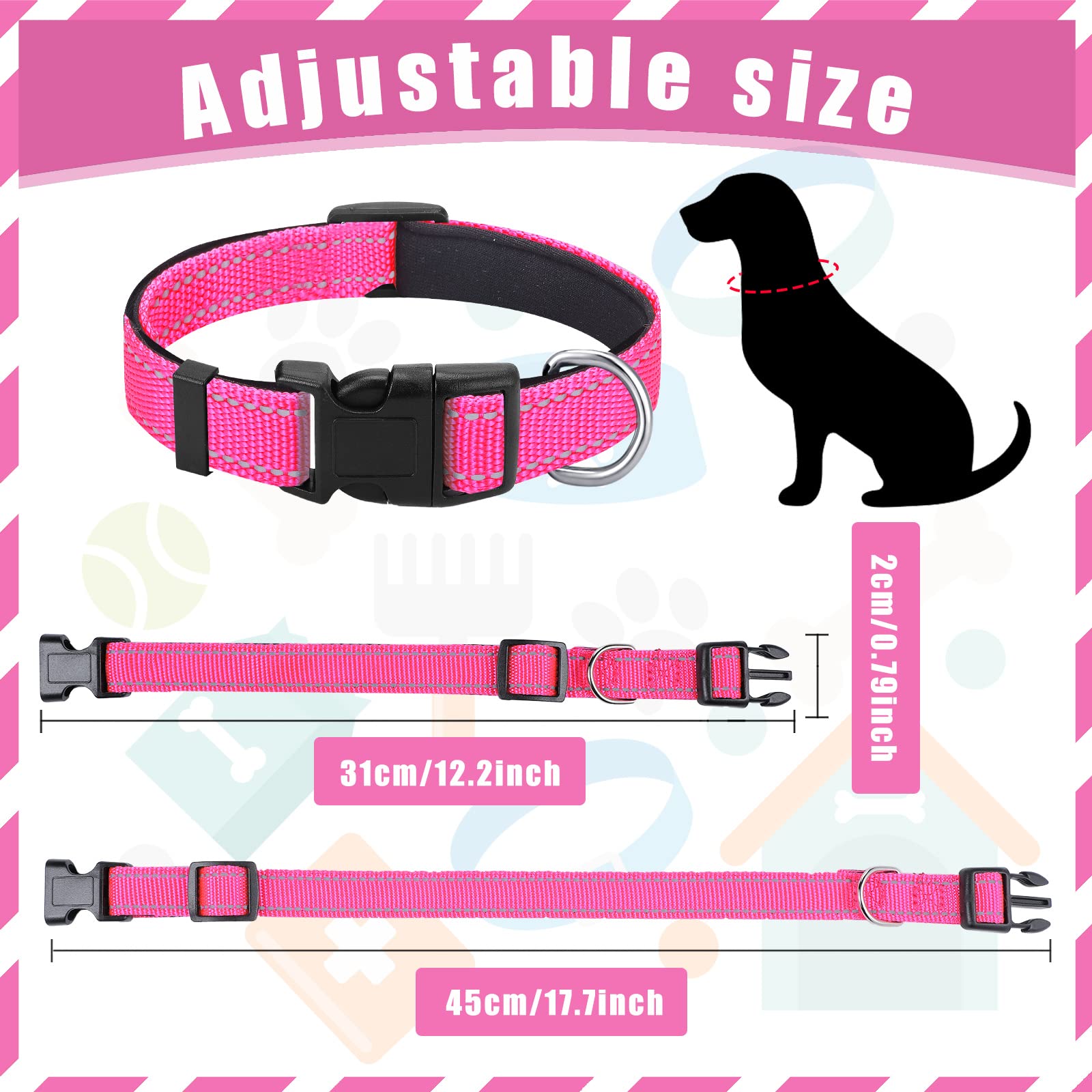 6-Pack Reflective Dog Collars by Hillban – Soft Padded Nylon with Safety Buckle, Multiple Sizes & Colors