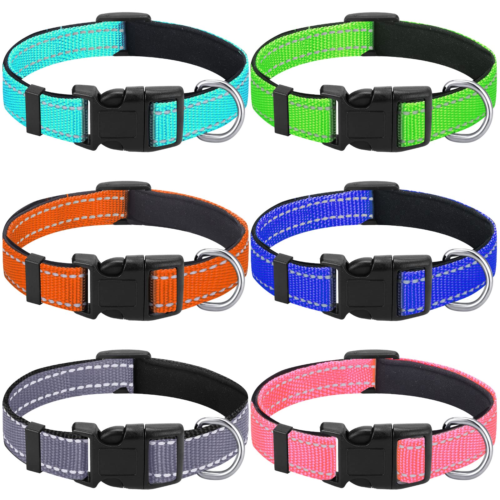 6-Pack Reflective Dog Collars – Soft Padded Nylon, Adjustable Safety Buckle, Bright Colors for Small, Medium, Large Pets
