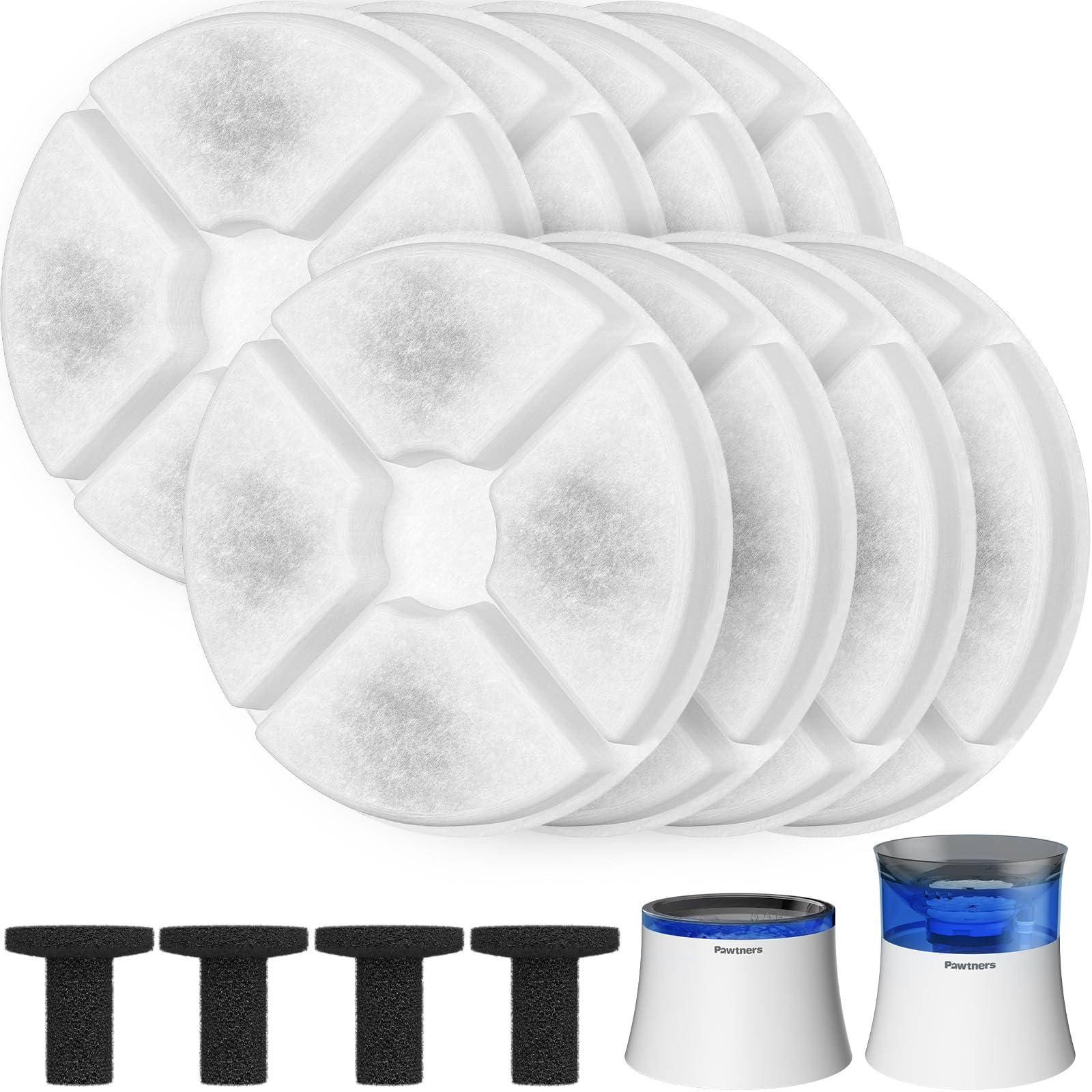 8-Pack Replacement Filters and 4 Sponges for Pawtners Dog Water Fountain (Compatible with LD.2524 & LD.2523)