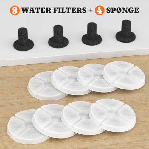8-Pack Replacement Filters and 4 Sponges for Pawtners Dog Water Fountain (Compatible with LD.2524 & LD.2523)