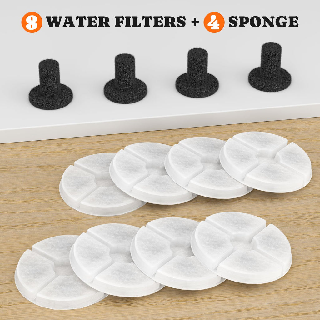 8-Pack Replacement Filters and 4 Sponges for Pawtners Dog Water Fountain (Compatible with LD.2524 & LD.2523)