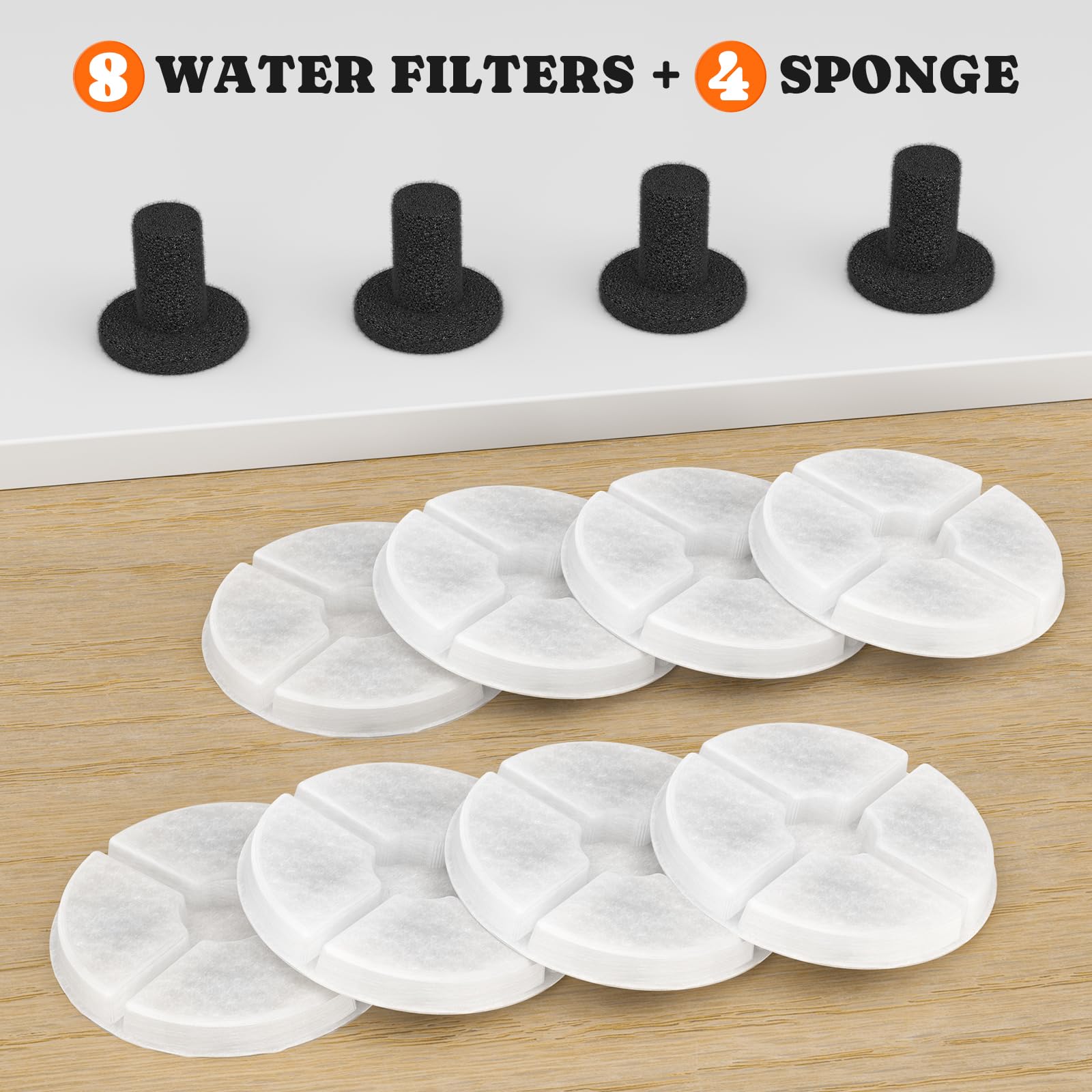 8-Pack Replacement Filters and 4 Sponges for Pawtners Dog Water Fountain (Compatible with LD.2524 & LD.2523)