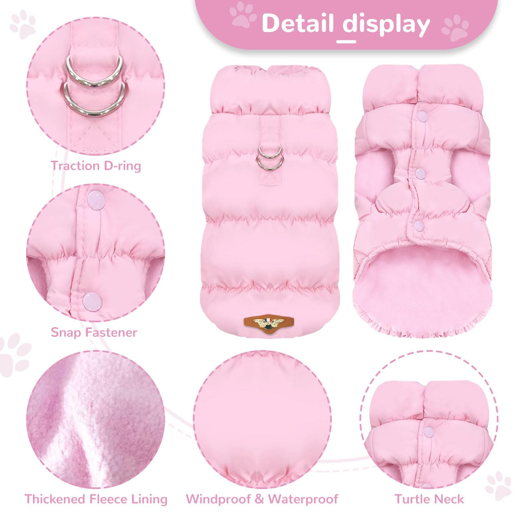 ABRRLO Winter Dog Jacket for Small Dogs - Waterproof, Windproof, with Harness Ring (Pink, Size S)