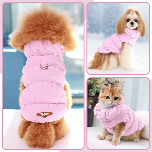 ABRRLO Winter Dog Jacket for Small & Medium Dogs and Cats - Pink, Size M - Waterproof, Windproof, with Harness Ring