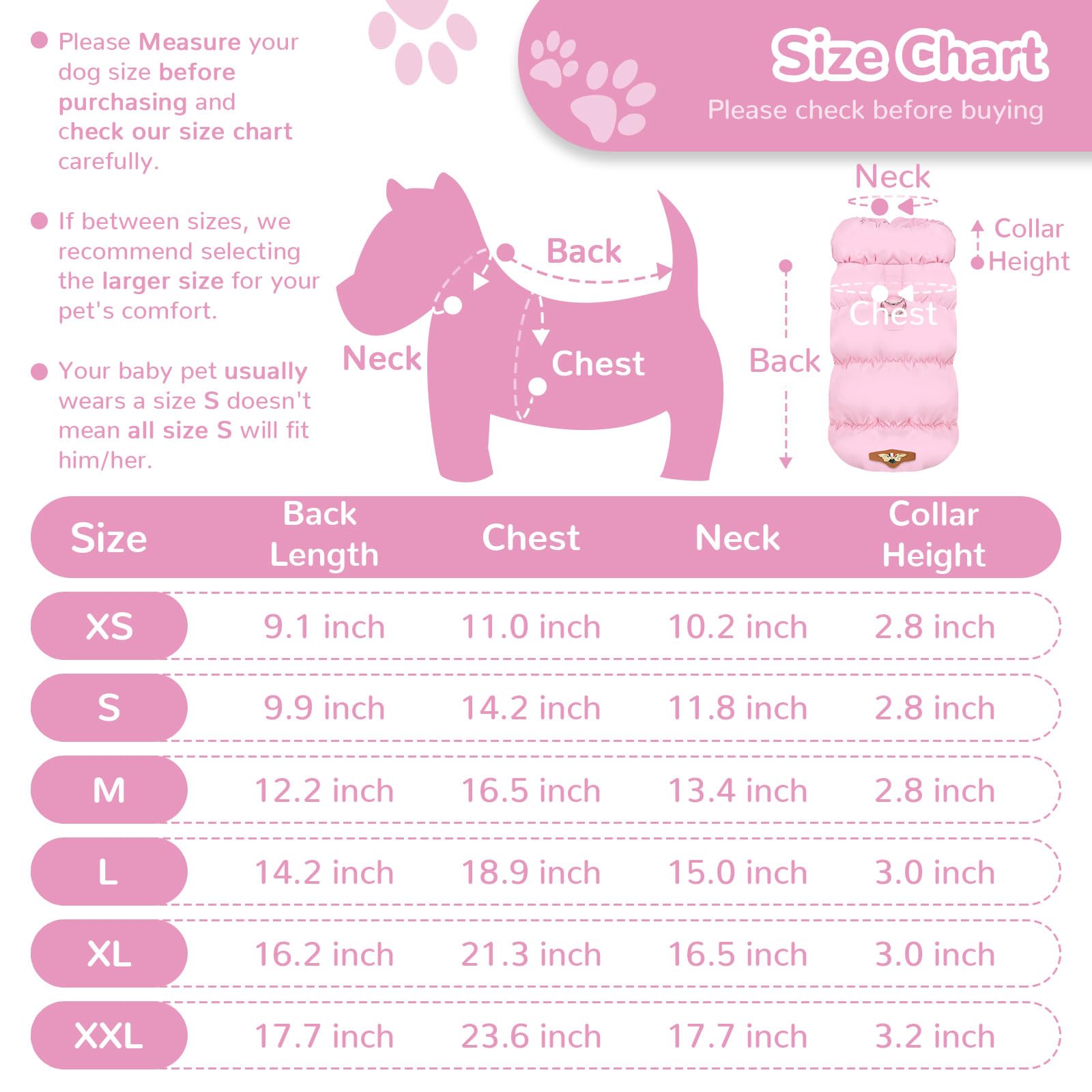 ABRRLO Winter Dog Jacket for Small & Medium Dogs and Cats - Pink, Size M - Waterproof, Windproof, with Harness Ring