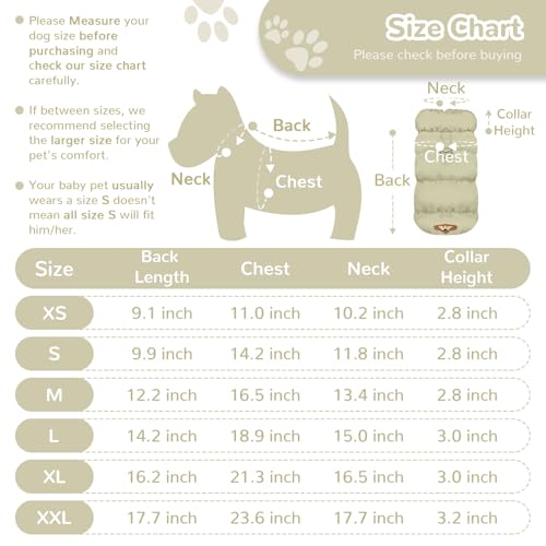 ABRRLO X-Small Khaki Dog Jacket – Waterproof Windproof Winter Coat with Harness Ring for Small Dogs and Cats