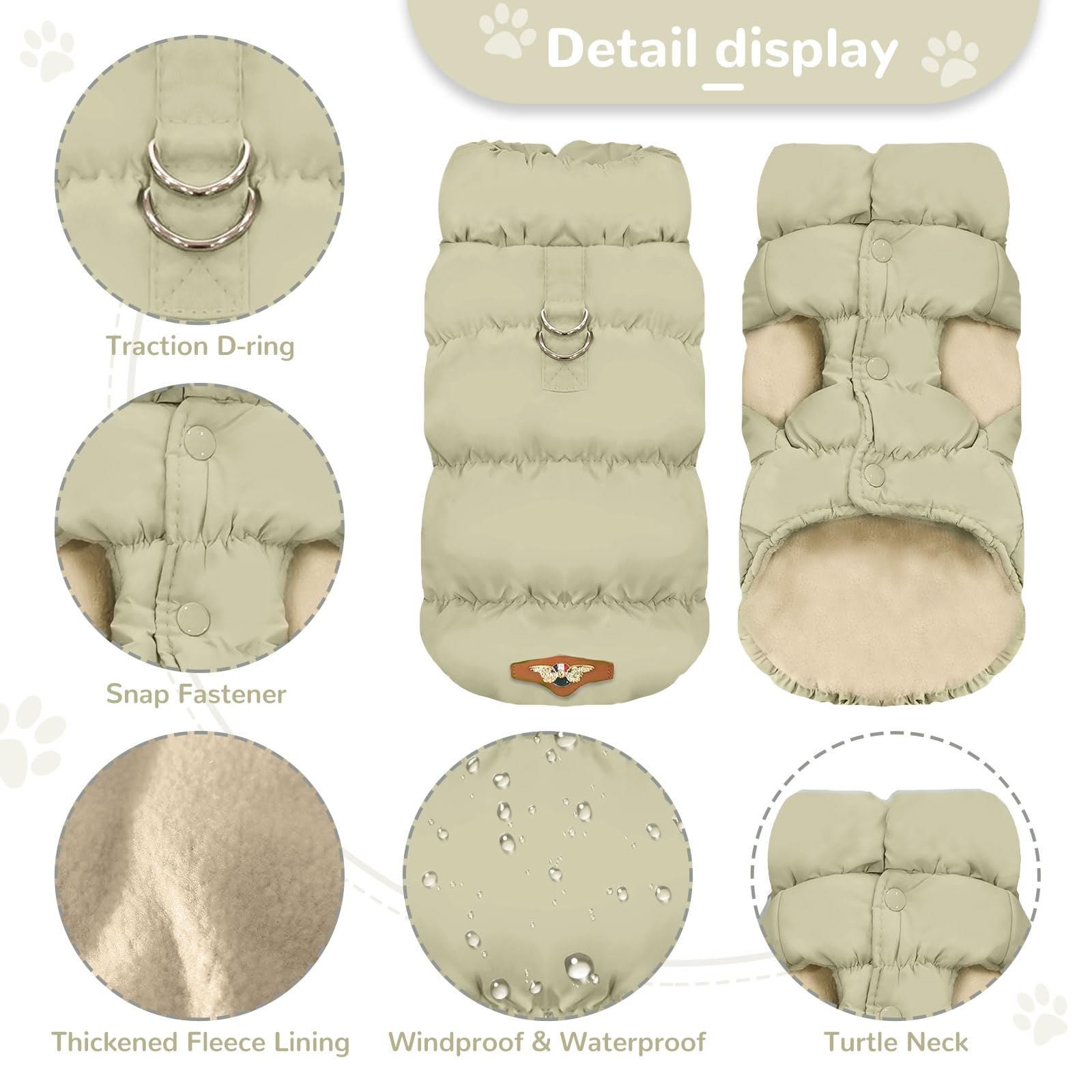 ABRRLO X-Small Khaki Dog Jacket – Waterproof Windproof Winter Coat with Harness Ring for Small Dogs and Cats