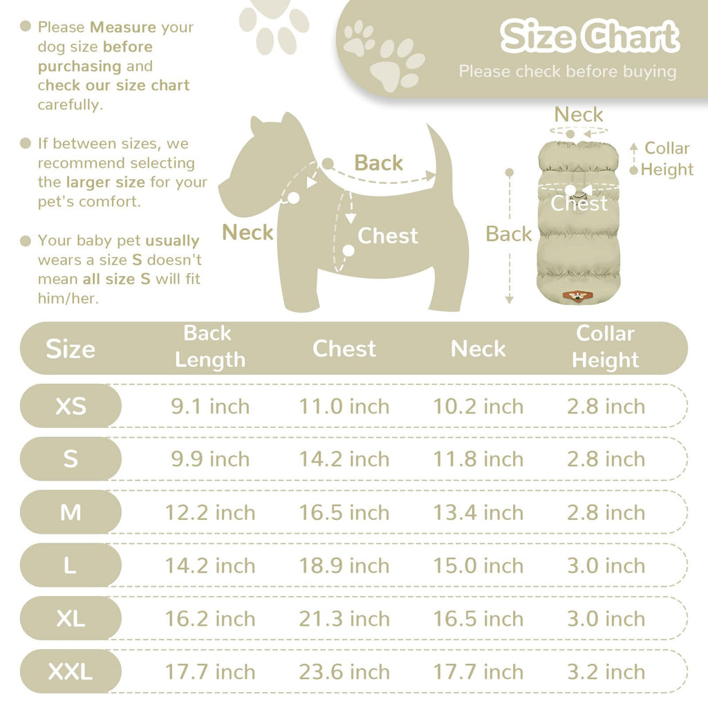 ABRRLO X-Small Khaki Dog Jacket – Waterproof Windproof Winter Coat with Harness Ring for Small Dogs and Cats