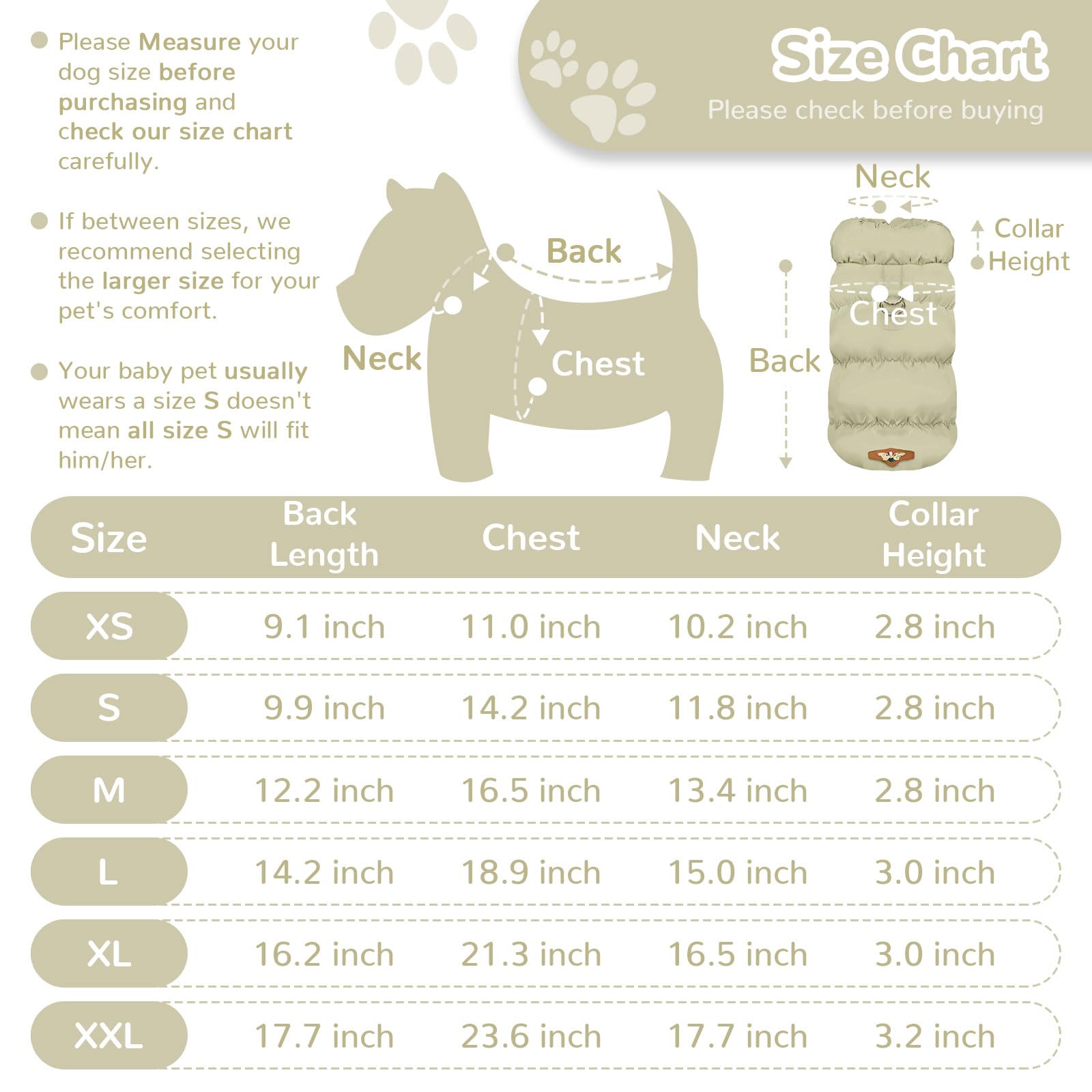 ABRRLO X-Small Khaki Dog Jacket – Waterproof Windproof Winter Coat with Harness Ring for Small Dogs and Cats