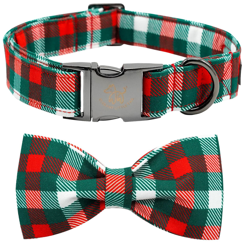 Adjustable Dog Collar with Bow – Christmas Plaid Pattern Green & Red for Small to Large Dogs