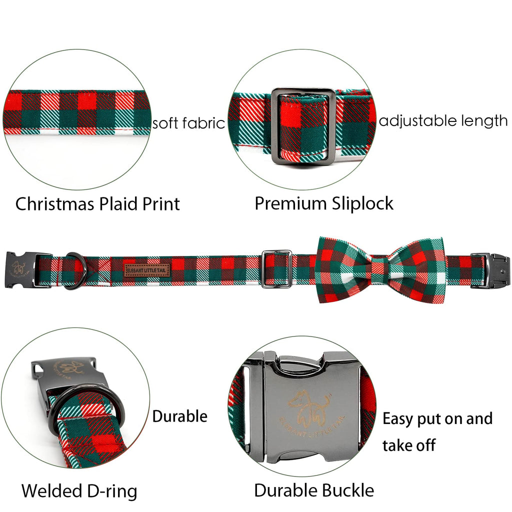 Adjustable Dog Collar with Bow – Christmas Plaid Pattern Green & Red for Small to Large Dogs