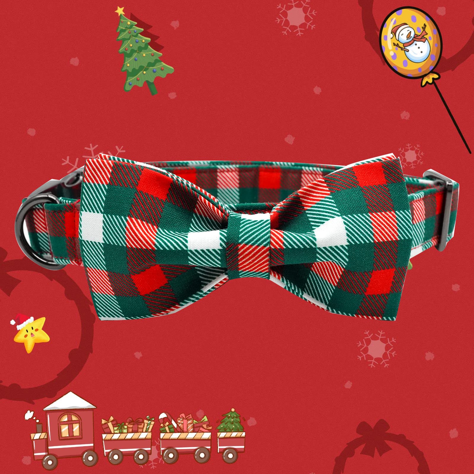 Adjustable Dog Collar with Bow – Christmas Plaid Pattern Green & Red for Small to Large Dogs