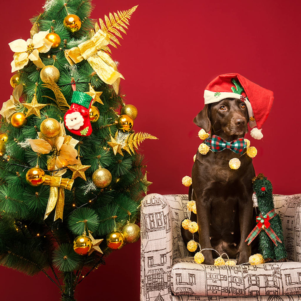 Adjustable Dog Collar with Bow – Christmas Plaid Pattern Green & Red for Small to Large Dogs