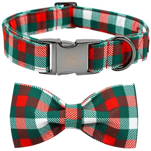 Adjustable Dog Collar with Bow – Christmas Plaid Pattern Green & Red for Small to Large Dogs