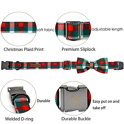 Adjustable Dog Collar with Bow – Christmas Plaid Pattern Green & Red for Small to Large Dogs