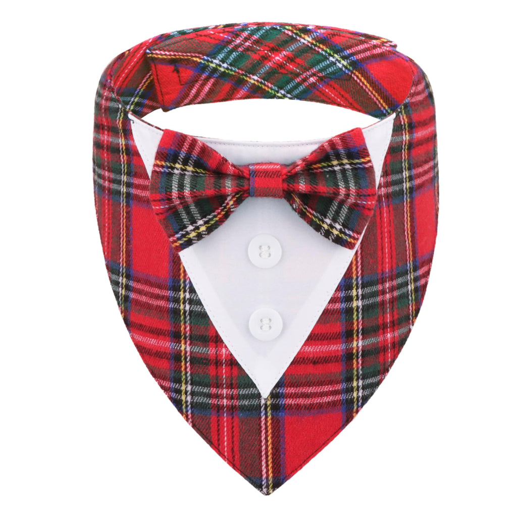 ADOGGYGO Large Dog Christmas Bandana with Bowtie - Red Plaid Tuxedo Collar for Medium to Large Breeds