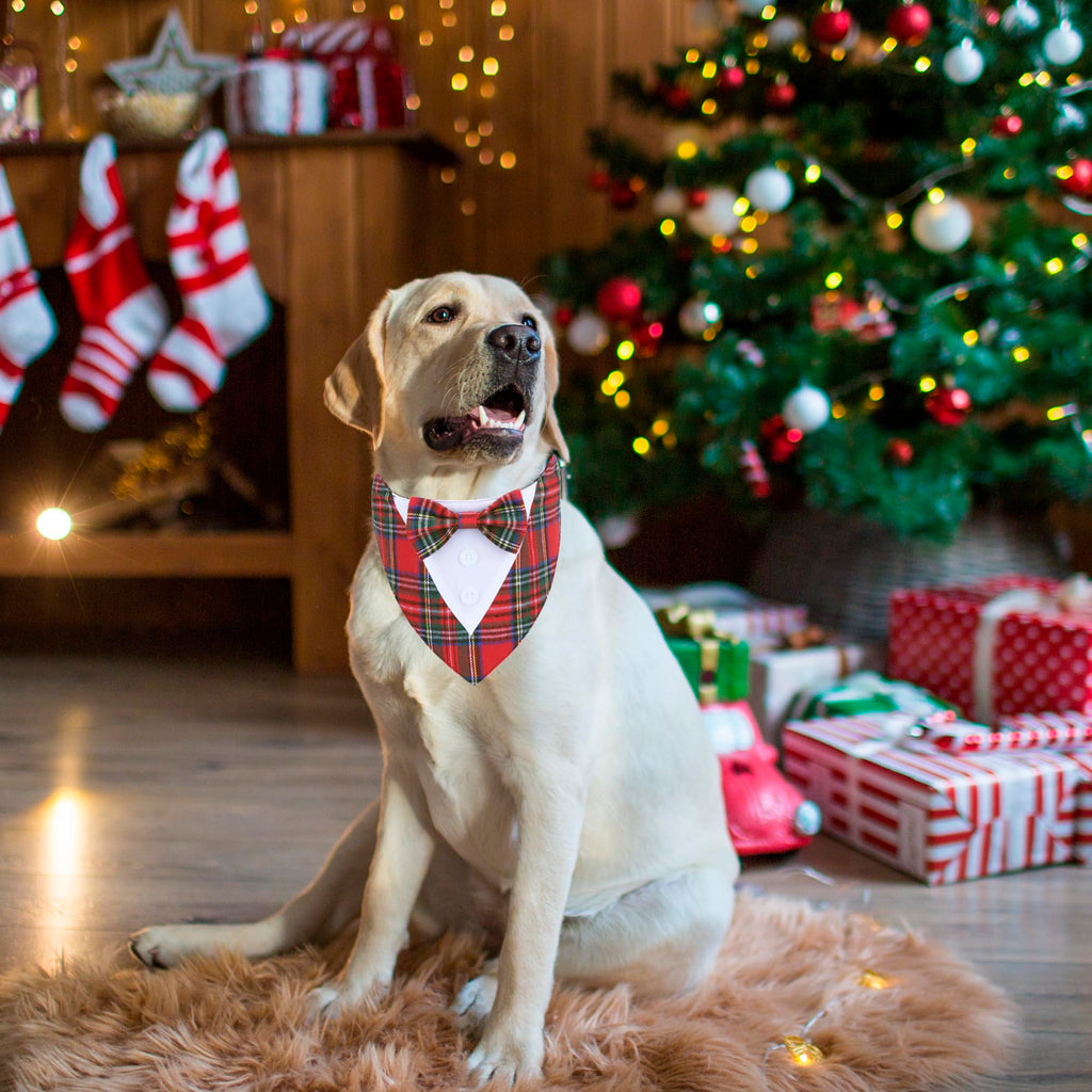 ADOGGYGO Large Dog Christmas Bandana with Bowtie - Red Plaid Tuxedo Collar for Medium to Large Breeds
