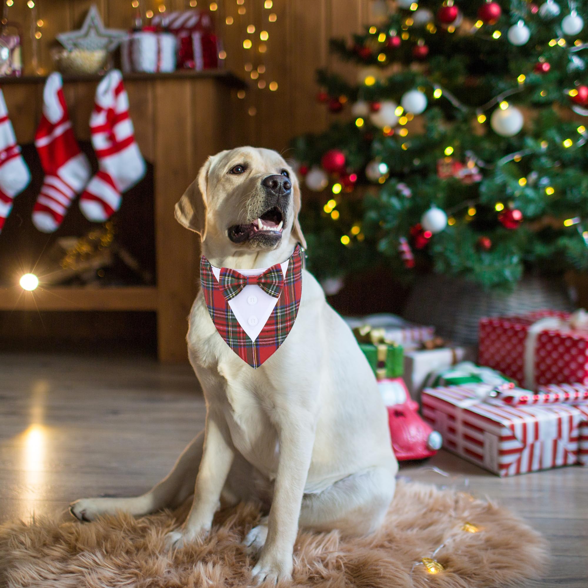 ADOGGYGO Large Dog Christmas Bandana with Bowtie - Red Plaid Tuxedo Collar for Medium to Large Breeds