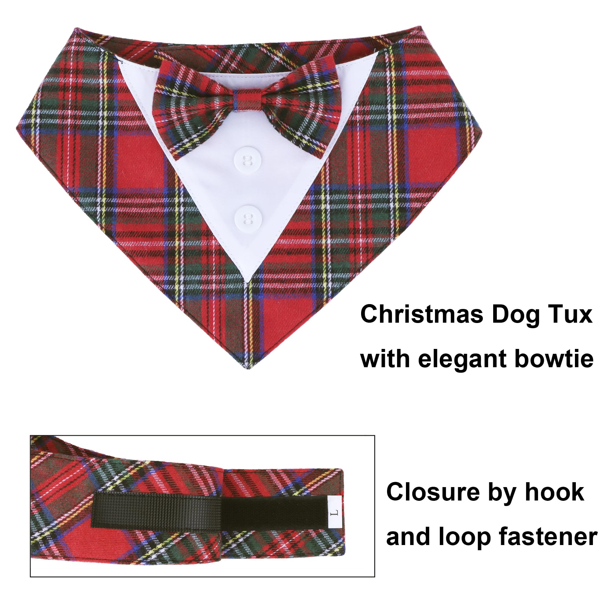 ADOGGYGO Large Dog Christmas Bandana with Bowtie - Red Plaid Tuxedo Collar for Medium to Large Breeds