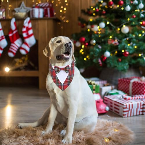 ADOGGYGO Large Dog Christmas Bandana with Bowtie - Red Plaid Tuxedo Collar for Medium to Large Breeds