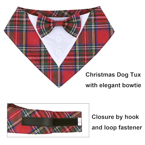 ADOGGYGO Large Dog Christmas Bandana with Bowtie - Red Plaid Tuxedo Collar for Medium to Large Breeds