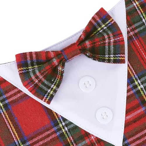 ADOGGYGO Large Dog Christmas Bandana with Bowtie - Red Plaid Tuxedo Collar for Medium to Large Breeds