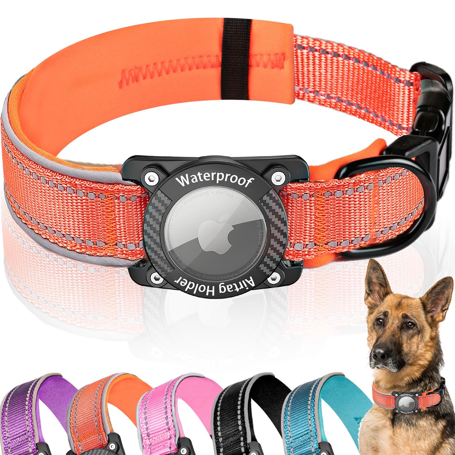 AgoumLux IP68 Waterproof AirTag Dog Collar, Reflective Adjustable Nylon Collar with Holder for Apple AirTag, Small Orange