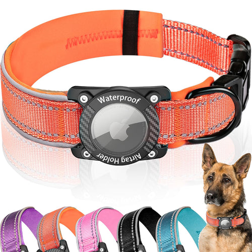AgoumLux IP68 Waterproof AirTag Dog Collar, Reflective Adjustable Nylon Collar with Holder for Apple AirTag, Small Orange