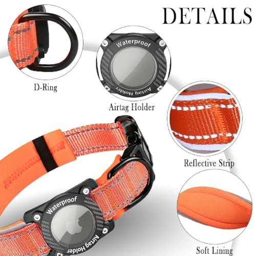 AgoumLux IP68 Waterproof AirTag Dog Collar, Reflective Adjustable Nylon Collar with Holder for Apple AirTag, Small Orange