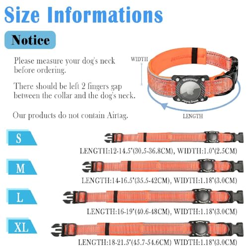 AgoumLux IP68 Waterproof AirTag Dog Collar, Reflective Adjustable Nylon Collar with Holder for Apple AirTag, Small Orange